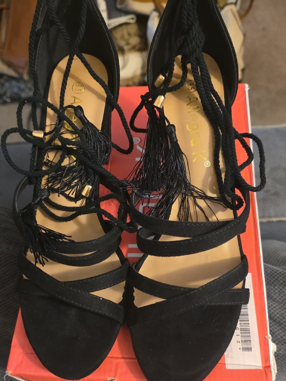Allegra K Black Strappy Tassel Lace-Up Heels